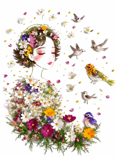 Fall Leaf Crafts, A girl made of flowers and birds, Cosmos flower、Small Birds、 Portraiture, White background、 