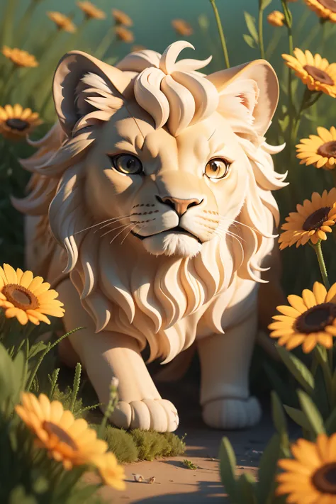 Little lion in a sea of flowers