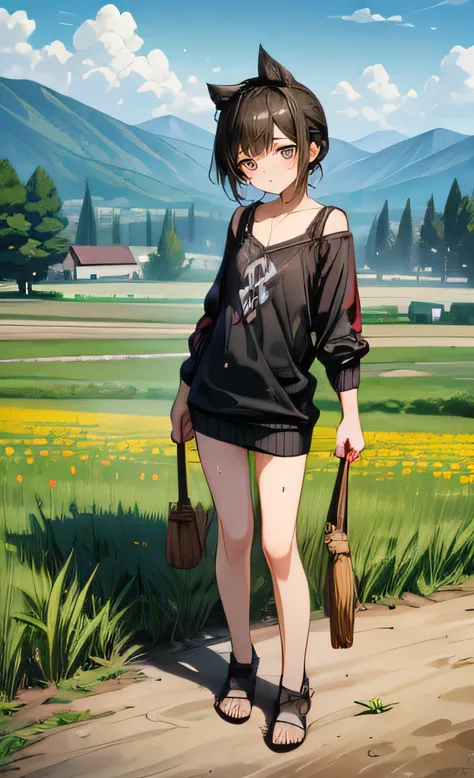 (full body:1.5).cute_face.standing.Adult. Full Body Cute .Sweater.
Girl plowing a field on a scorching hot day. She is wearing slightly revealing clothes and is drenched in sweat. Mountains can be seen in the distance, dotted with utility poles. Daytime. (...