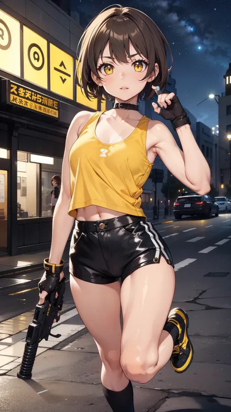 street dancer,  short hair, brown hair, yellow glowing eyes, perfect lips,  cute expression, cute face, cute pose, fingerless gloves, gun, tank top, jacket, cute pose, ultra detailed face, long eyelashes, sharp eyes , Fullbody shot, dinamic viewer, night s...