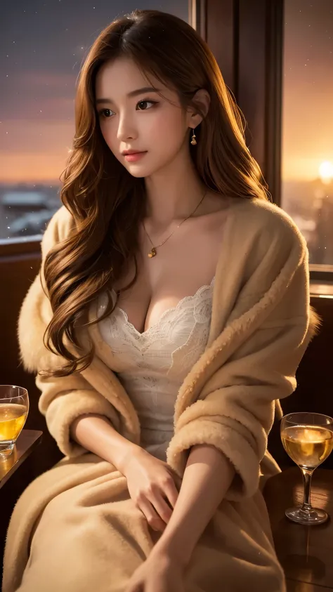 (table top、highest quality、8k、Award-winning work、ultra high resolution)、one beautiful woman、(Wearing an elegant thick fur beige coat:1.2)、long knit sweater dress、perfect fit、brown hair、white skin、(big cleavage:1.1)、Very long wavy hair、epic movie lighting、(...