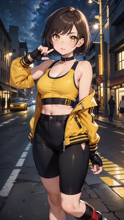 street dancer,  short hair, brown hair, yellow glowing eyes, perfect lips,  cute expression, cute face, cute pose, fingerless gloves, gun, tank top, jacket, cute pose, ultra detailed face, long eyelashes, sharp eyes , Fullbody shot, dinamic viewer, night s...