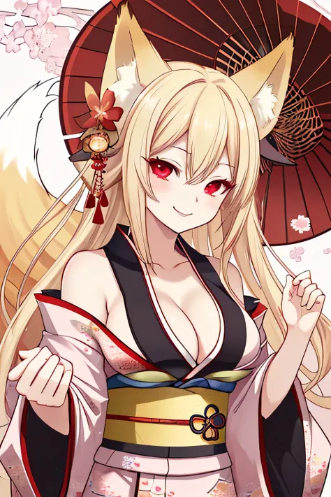 highest quality、Big Breasts、Cleavage、Fox ears、Long blonde、Red Eye、kimono、smile