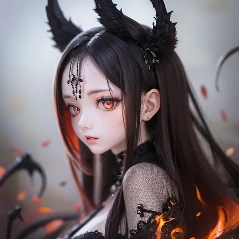 a demon girl with beautiful detailed eyes and lips, dark and mysterious, medium:oil painting, surrealistic, eerie atmosphere, intense colors, glowing eyes, flowing hair, sharp claws, smoke and fire, best quality, ultra-detailed, realistic:1.37, darkness, h...