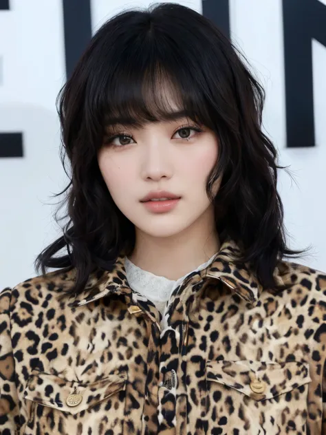 un primer plano de una mujer con una camisa con estampado de leopardo, Hye Kyo Song, kiko mizuhara, she has black hair con flequillo, con flequillo, lee ji - eun, lee ji-eun, itagaki paru, actriz femenina de corea, Hwang se - es, flequillo de cortina, sui ...