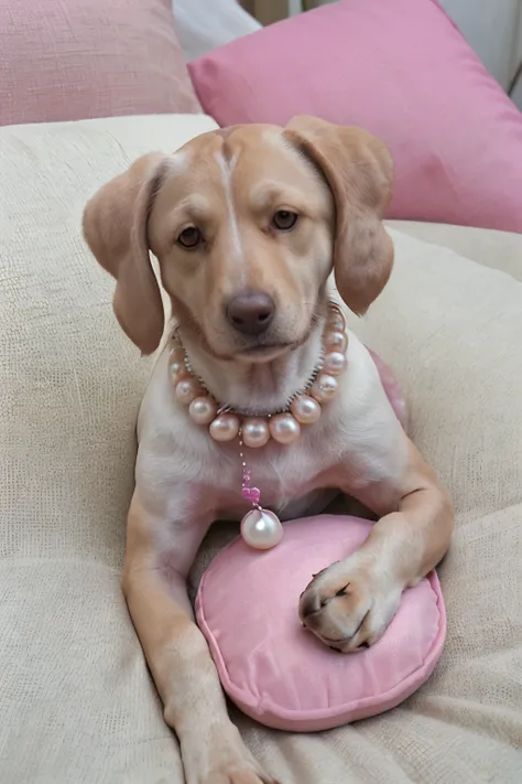 white and brown pincher dog, small, pregnant, with pearl necklace, lying on a pink cushion