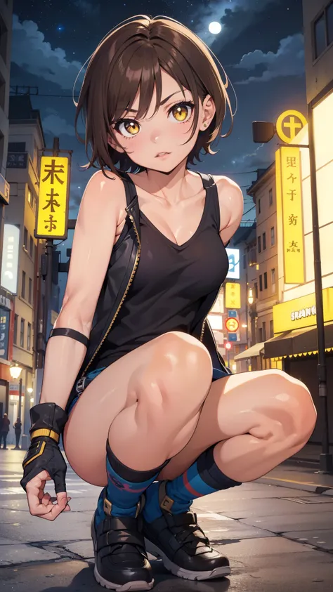 street dancer,  short hair, brown hair, yellow glowing eyes, perfect lips,  cute expression, cute face, cute pose, fingerless gloves, gun, tank top, jacket, cute pose, ultra detailed face, long eyelashes, sharp eyes , Fullbody shot, dinamic viewer, night s...