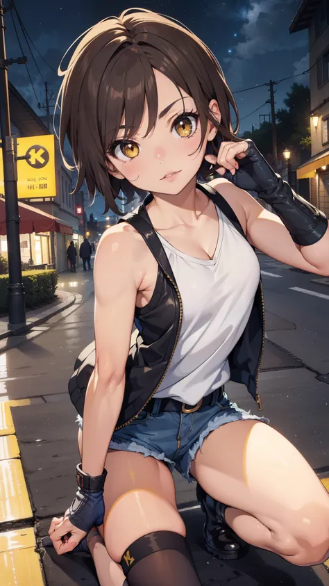 street dancer,  short hair, brown hair, yellow glowing eyes, perfect lips,  cute expression, cute face, cute pose, fingerless gloves, gun, tank top, jacket, cute pose, ultra detailed face, long eyelashes, sharp eyes , Fullbody shot, dinamic viewer, night s...