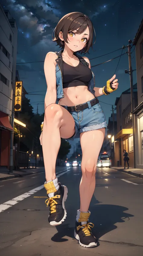 street dancer,  short hair, brown hair, yellow glowing eyes, perfect lips,  cute expression, cute face, cute pose, fingerless gloves, gun, tank top, jacket, cute pose, ultra detailed face, long eyelashes, sharp eyes , Fullbody shot, dinamic viewer, night s...