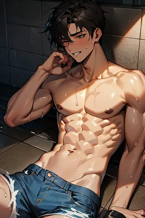 a shirtless 22-year old male wearing jeans, cute, handsome face, six-pack abs, beautiful body, well-defined body, sweat-drenched, soaking wet, drenched with sweat, sweating profusely, soaking wet with sweat, exhausted, panting, lying on the floor