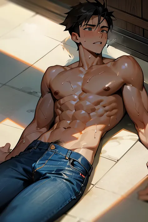 a shirtless 22-year old male wearing jeans, cute, handsome face, six-pack abs, beautiful body, well-defined body, sweat-drenched, soaking wet, drenched with sweat, sweating profusely, soaking wet with sweat, exhausted, panting, lying on the floor