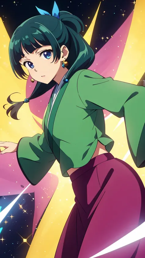 Top quality (8k, high resolution, masterpiece: 1.2), super detailed, anime art style, dynamic angle, (green kimono, long sleeves, wide sleeves, purple skirt, casual clothes), detailed green hair, detailed blue eyes, intricate hairstyle, long hair , slim bo...