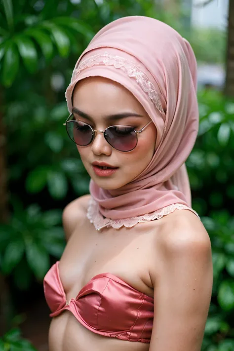 ((Flat Chest:1.6)), Wear sunglasses and act like Rosyam, ((Closed Eyes)), ((Strapless Colourful bra Flat Chest)), Naked, Angry pose, Angry face, (((HIJAB MALAY GIRL))), masutepiece, High quality, UHD 45K, Realistic face, Realistic skin feeling , A Japanese...