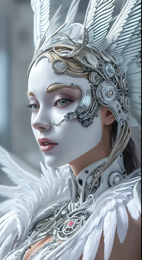 Close-up of a woman in a white dress with wings, Angel all over, Futuristic robot angel, Amazing angel wings, Angel Knight Gothic Girl, Angel in plastic armor, Intricate costume design, As the mysterious Valkyrie, Its whole body is made of white feathers,,...