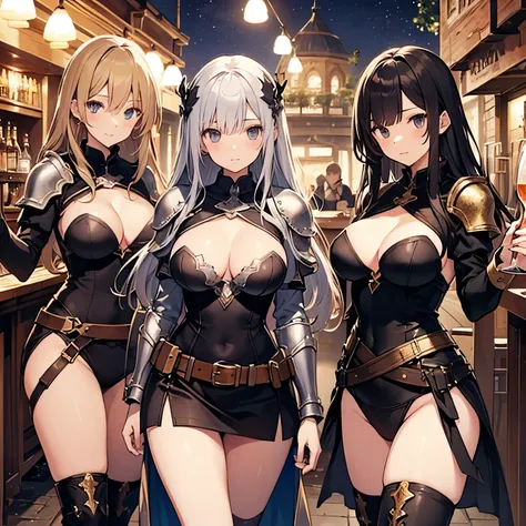 A group of female adventurers set in a medieval fantasy world, (At the pub), Mr.々Hair style, Harem, night, Detailed aspect, Short skirt, Seduce, No sleeve, armor 、showing off panties、Huge Breasts