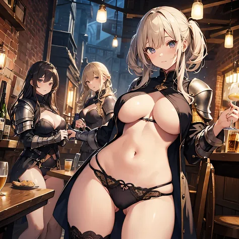 A group of female adventurers set in a medieval fantasy world, (At the pub), Mr.々Hair style, Harem, night, Detailed aspect, Short skirt, Seduce, No sleeve, armor 、showing off panties、Huge Breasts