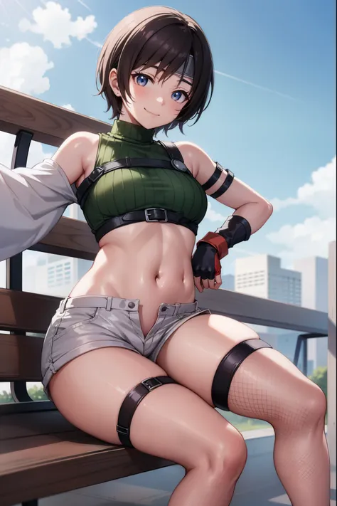 yuffiekisaragi, yuffie kisaragi,haircuts, pixie cut,
壊す crop top, fingerless gloves, fishnet thighhighs, fishnet, forehead prote...