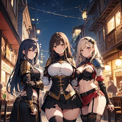 A group of female adventurers set in a medieval fantasy world, (At the pub), Mr.々Hair style, Harem, night, Detailed aspect, Short skirt, Seduce, No sleeve, armor 、showing off panties、Huge Breasts