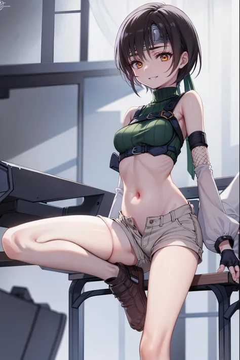 yuffiekisaragi, Yuffie Kisaragi,Haircuts, pixie cut,
壊す crop top, fingerless gloves, fishnet Thighhighs, fishnet, forehead protector, gloves, head band, belly button, short shorts, shorts, single sleeve, single thigh high, No sleeve, No sleeve turtleneck, ...