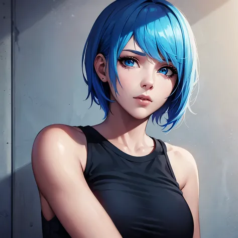 Chloe Price from Life is Strange, blue short hair, blue eyes, wearing white tanktop and tattoos on the left arm, portrait style 