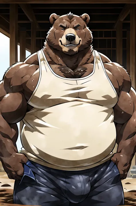 ((by wfa,by gakujo,by laser)), A fat bear working at a construction site。A white tank top stained with dirt and mud。Sweaty。Large male chest。He looks at me and smiles.。bulge