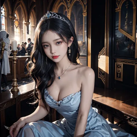 (1 Sexy Woman, Solo, Black Hair, Medium Hair, Navy Princess Dress, frilled dress, highly detailed glamour photo of rpgroyalty, Crown, Jewelry, Tiara, Elegant, Sitting:1.4), (Detailed Eyes, Glossy Lip, Smile, Cleavage:1.5), (Cowboy Shot, From Below:1.3), (M...