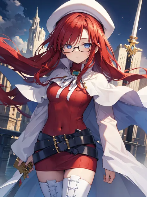 summonnightaty, aty, long hair, blue eyes, red hair, beret, hat, glasses,
BREAK long hair, thighhighs, hat, dress, boots, glasses, belt, cape, sweater, zettai ryouiki, beret, thigh boots, white footwear, ribbed sweater, loose belt,solo,
BREAK outdoors, fan...