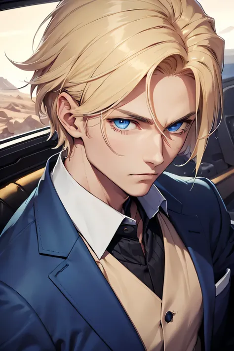 Man, jacket suit, in Mars planet, blue eyes, blonde hair