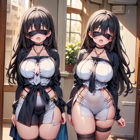 highest quality,wonderful,finely,extremely detailed CG Unity 8K wallpaper, (Stand in line:1.2), (3 girls, clothed), (huge breasts), (open mouth:1.1), (long tongue:1.1), (mouth drool:1.1), (black stockings:1.1),(Thighs:1.2),(Waistline:1.2),(black blindfold,...