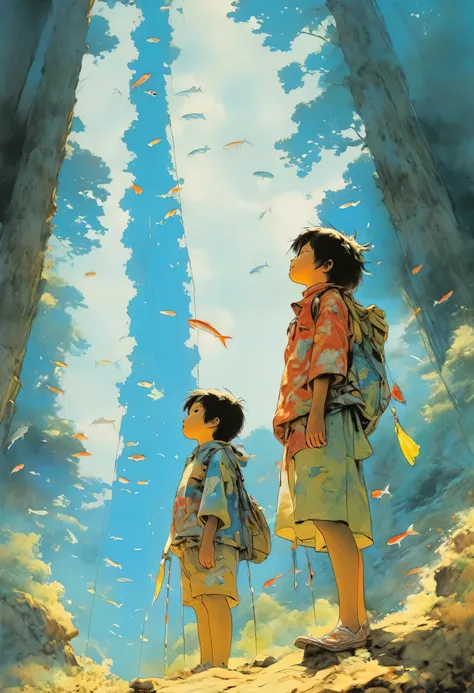 Three young children standing and looking up,A strong determination and determination to face a tough future、 Under the quiet blue sky、Carp streamers are decorated in the sky、 The natural surroundings bring a sense of tranquility and harmony,In contrast to...