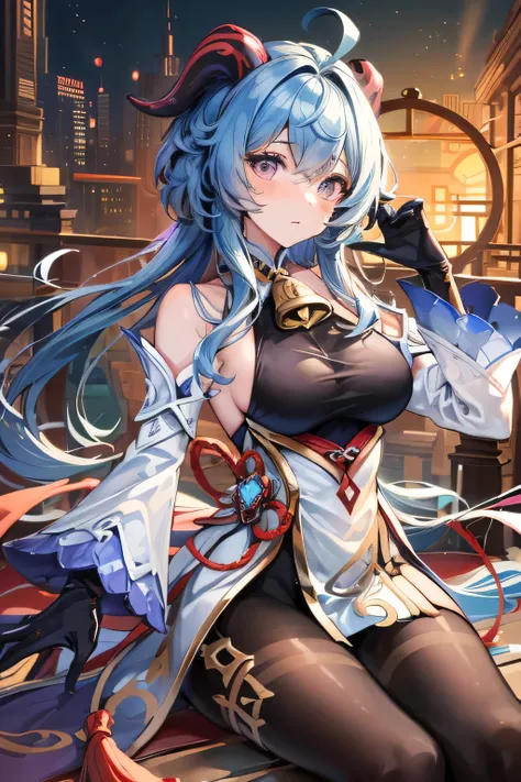 ((masterpiece、highest quality、Very detailed、Extremely detailed:1.5))Hired(Genshin Impact), One girl, Ahoge, architecture, bangs, Exposing shoulders, Bell, black Glovess, black tights, ((Blue Hair), blush, chest, Chinese knot, sleeve, East Asian architectur...