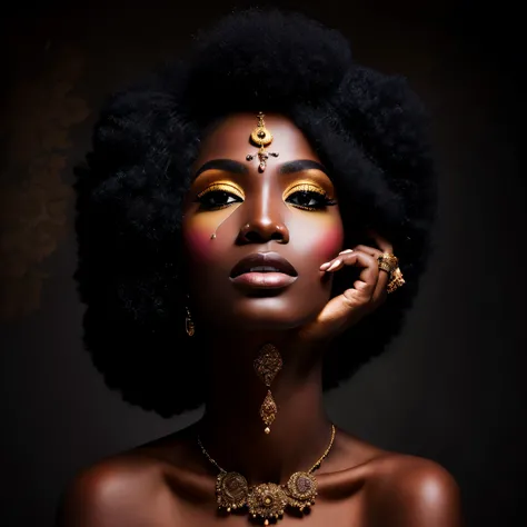 An exquisitely detailed photo of a stunningly beautiful and youthful 35-year-old Black woman, adorned in elegant makeup, in the captivating Afro-futuristic style. Her golden eyes sparkle with life and vitality, nestled in the rich hues of her deeply textur...