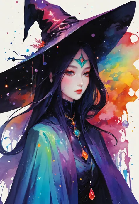 （Beautiful mysterious witch），Mixed media abstract artwork，mysterious style，（art），（Apply nebula color on canvas 1.2），[Thick，Wet，Shiny dripping paint]，ink，Pencil Shadow，Awards，（Perfect composition），（nebula：0.5），（galaxy：0.5）