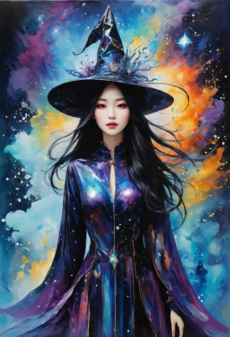 （Beautiful mysterious witch），Mixed media abstract artwork，mysterious style，（art），（Apply nebula color on canvas 1.2），[Thick，Wet，Shiny dripping paint]，ink，Pencil Shadow，Awards，（Perfect composition），（nebula：0.5），（galaxy：0.5）