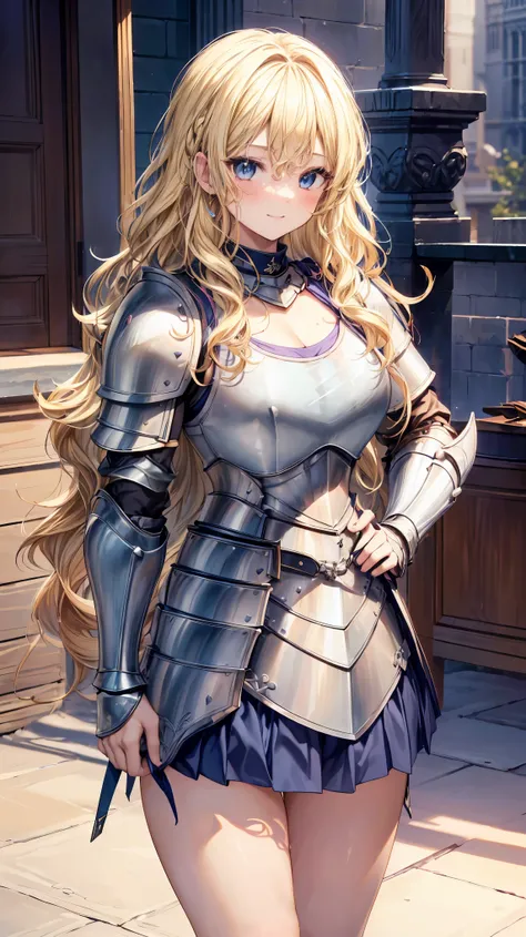 Very detailed、highest quality、Best image quality、masterpiece、8k、Anime Face、A kind smile、Open your mouth、Sparkling blue eyes、(Blonde wavy hair:1.5)、、Muscles of the whole body、Hands on hips、camisole、Thigh belt、mini skirt、(Wearing armor:1.5)