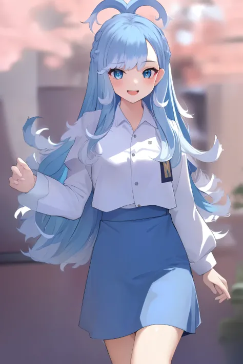 (masterpiece, best quality),  intricate details, 
1girl,   Kobo, Multicolored hair, Aqua eyes,  light blue hair, white hair tips, 
small breasts, smiling, opened mouth, wear white uniform, long Sleeve shirt, light blue color skirt, classroom background, In...