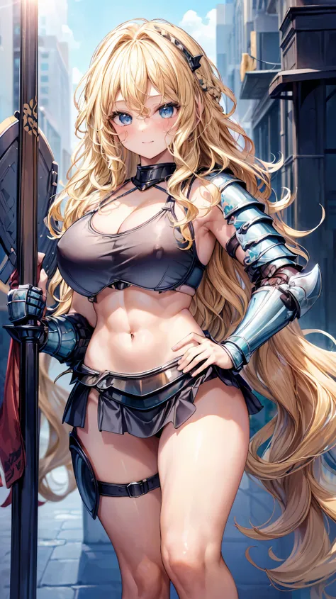 Very detailed、highest quality、Best image quality、masterpiece、8k、Anime Face、A kind smile、Open your mouth、Sparkling blue eyes、(Blonde wavy hair:1.5)、、Muscles of the whole body、Hands on hips、camisole、Thigh belt、mini skirt、(Wearing bikini armor:1.5)