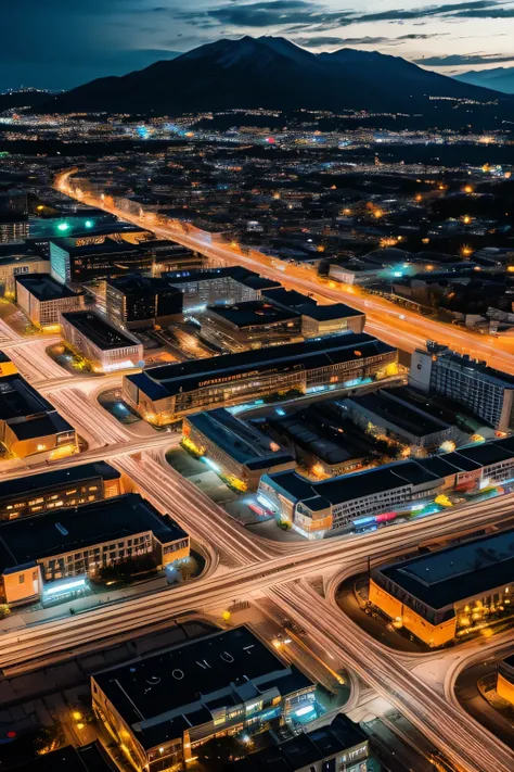 Professional photos, Aerial view of the cityscape of a large city in the center of the island, Dramatic lighting, dark, Railway and, Mountain々