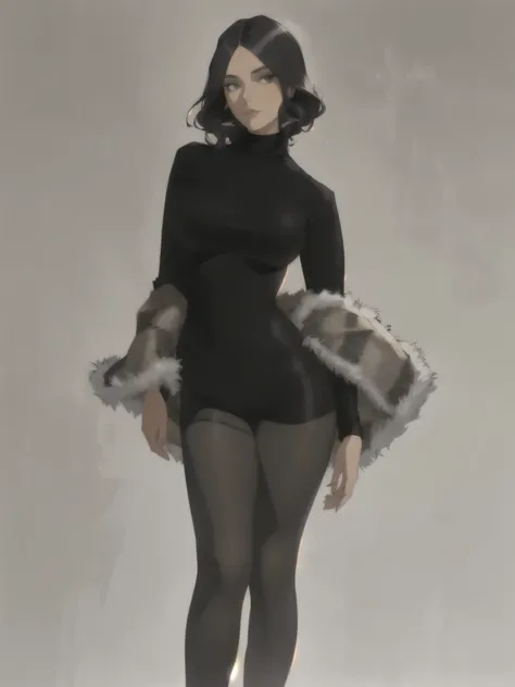 araffe woman in black tights and a fur stole, lady in black coat and pantyhose, big breasts, hourglass figure,  skintight black bodysuit, wearing a black bodysuit, wearing black tight clothing, pantyhose tights, skintight black clothes, black turtleneck, n...