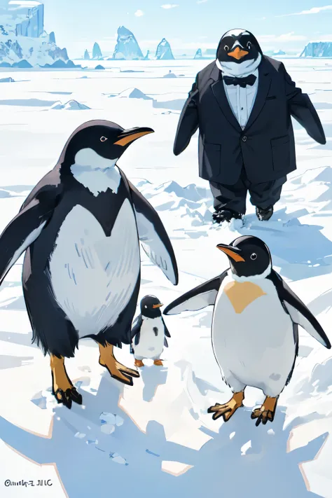 Beautiful penguin group，With waddling gait and tuxedo attire，Huddled together on Antarctic ice floes，Interacting playfully with their friendly companions，Vibrant and lively colors brought to life，Realistic yet stylized rendering，Ultra-detailed, 4K visuals，...