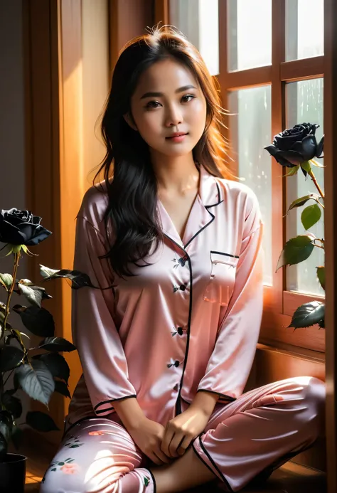 girl surrounded by black roses, The sun shines through the window, Create a warm and pleasant atmosphere. She was wearing wet pajamas, asian burmese girl, Practical, best quality, photo-Practical 8k, (best quality:1.1), masterpiece, (Practical:1.1), photo-...