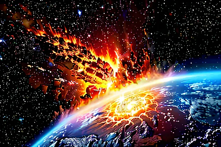 ASTEROID COLLIDING WITH EARTH, SPREADING LAVA