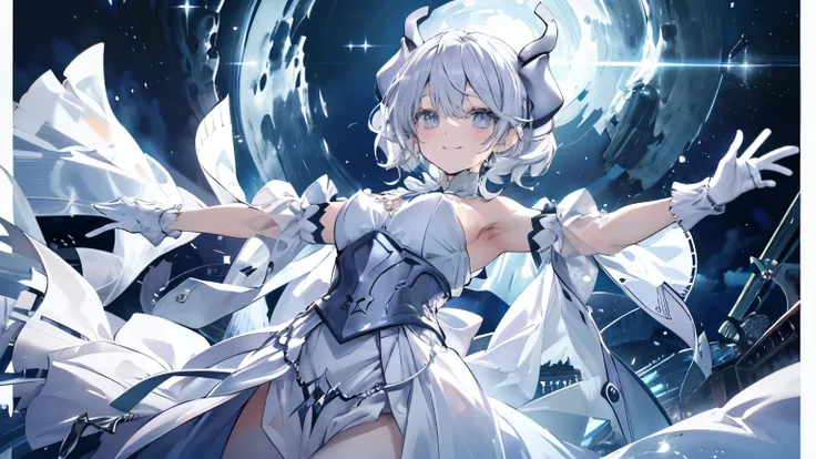 1 girl, Silver short hair, Silvery horns,  White Dress, White Cape, bulging sleeves, White gloves,  skirt, 

at night, 
cowboy shot, 

masterpiece, highest quality, Anime illustration, Depth of written border, 

Open your arms, smile, from below, 