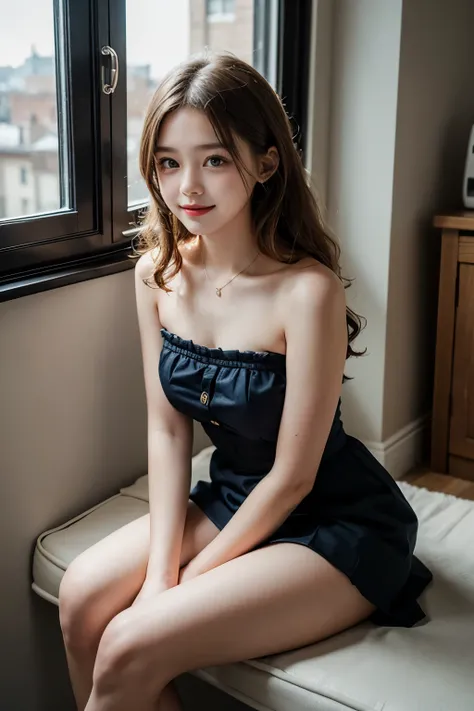 Professional, (4k photos:1.1) 、((preteen)), masutepiece, Best Quality, Beautiful Girl, Curly hair, Long hair, Purple eyes, Strapless blouse, long  skirt, Smile of shame, Sitting on the windowsill、