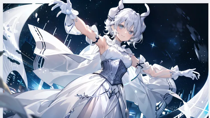 1 girl, Silver short hair, Silvery horns,  White Dress, White Cape, bulging sleeves, White gloves,  skirt, 

at night, 
cowboy shot, 

masterpiece, highest quality, Anime illustration, Depth of written border, 

Open your arms, smile, from below, 