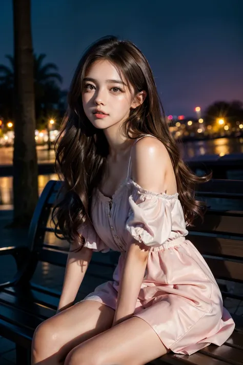 Girl with curly hair, shoulder-length hair, dark brown hair, 3B Hair, Light brown eyes, Pink dress, About 16 years, In a city park, nigh sky, Sitting on a square bench ,Blue and purple shades, Neon lighting, cool color ,Image, 4K, High quality, highest det...