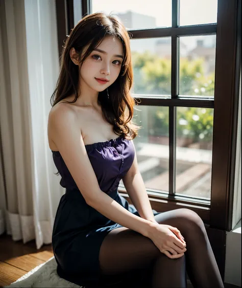 ulzzang-6500-v1.1, (RAW photo:1.2), (Photoreal), (muste piece), (genuine:1.4),  beautiful girl, amazing beauty、curly hair, long hair, purple eyes, strapless blouse, long skirt,Try on super realistic pantyhose、 smile of shame, Sitting on the windowsill、Full...