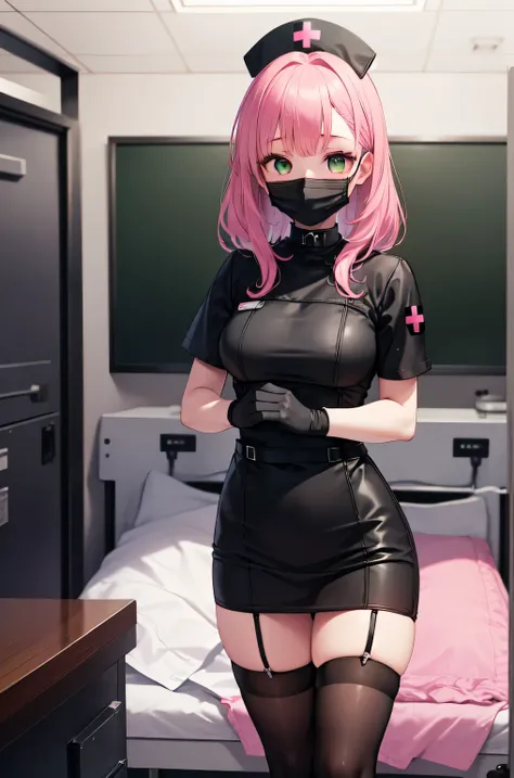 black nurse, 1girl, solo, black nurse cap, black nurse uniform, ((black legwear, zettai ryouiki)), black elbow gloves, pink hair, green eyes, drooping eyes, ((black surgical mask, covered nose)), standing, ((surgery room)), sharp outline, short sleeves, be...