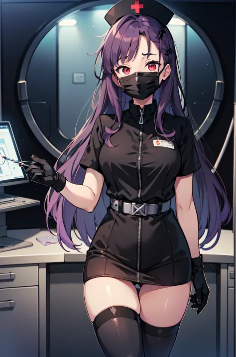 black nurse, 1woman, solo, black nurse cap, black nurse uniform, ((black legwear, zettai ryouiki)), black elbow gloves, long hair, purple hair, red eyes, ((black surgical mask, covered nose)), standing, ((surgery room)), sharp outline, short sleeves, matur...