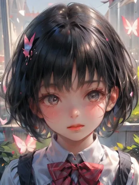 (best quality,4k,8k,highres,masterpiece:1.2), ultra-detailed, (realistic,photorealistic,photo-realistic:1.37), vibrant colors, soft lighting, (portrait:1.1), cute school girl in a garden, shiny jet black hair:1.2, very short straight hair, blunt bangs, bob...